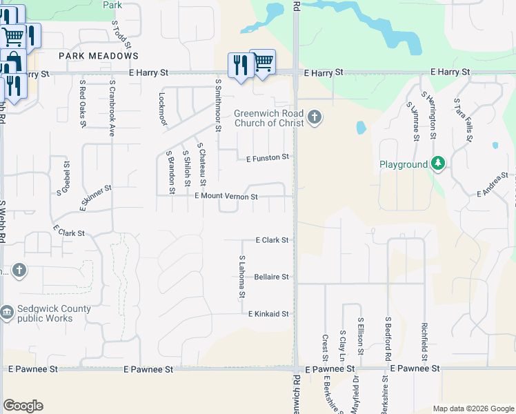 map of restaurants, bars, coffee shops, grocery stores, and more near 10921 East Mount Vernon Court in Wichita