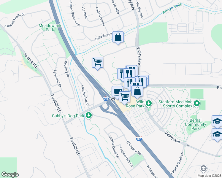map of restaurants, bars, coffee shops, grocery stores, and more near 6700 Koll Center Parkway in Pleasanton