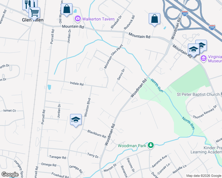map of restaurants, bars, coffee shops, grocery stores, and more near 10334 Servo Drive in Glen Allen