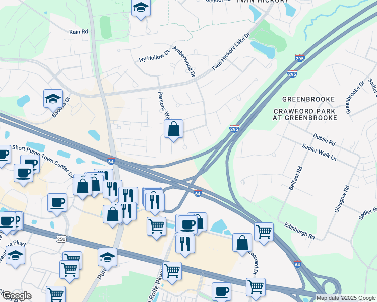 map of restaurants, bars, coffee shops, grocery stores, and more near 11600 Coachmans Carriage Place in Glen Allen