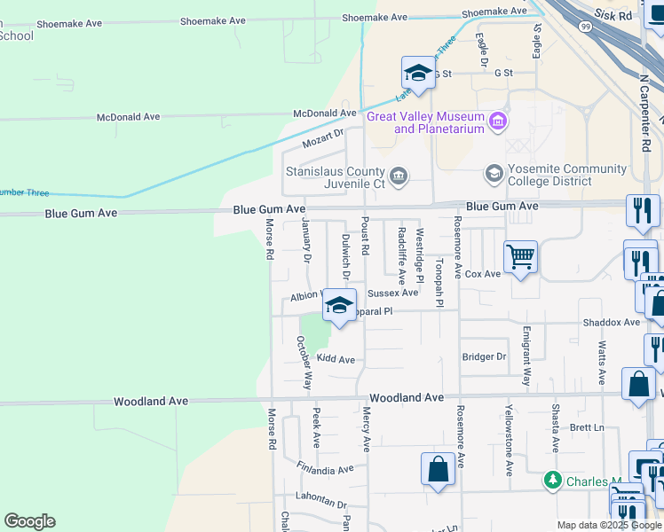 map of restaurants, bars, coffee shops, grocery stores, and more near 1509 Swarthmore Drive in Modesto
