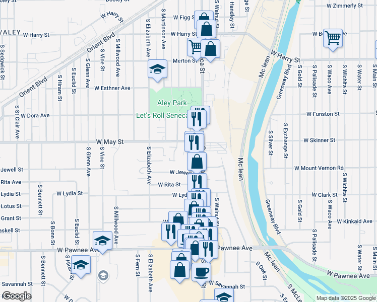 map of restaurants, bars, coffee shops, grocery stores, and more near 1319 West May Street in Wichita