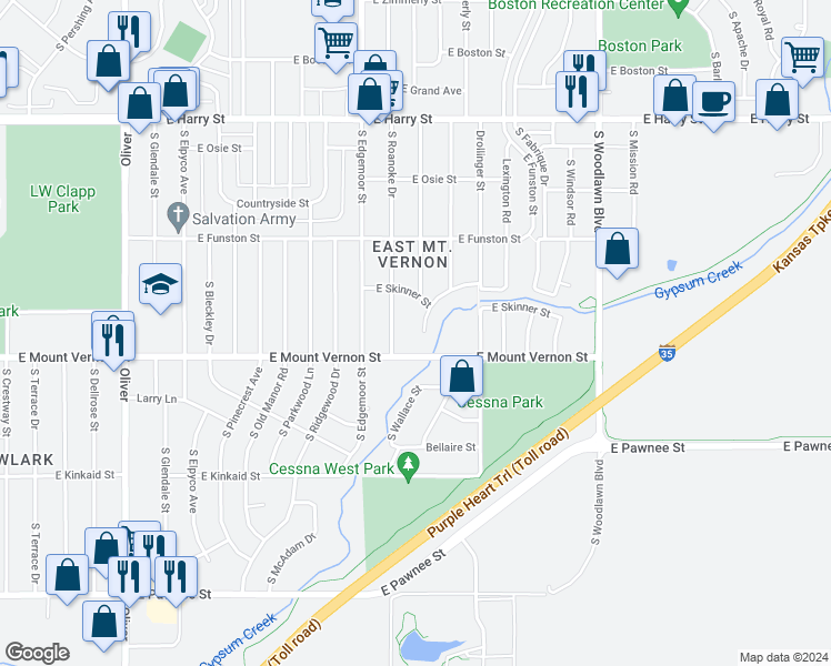 map of restaurants, bars, coffee shops, grocery stores, and more near 1923 South Faulders Lane in Wichita