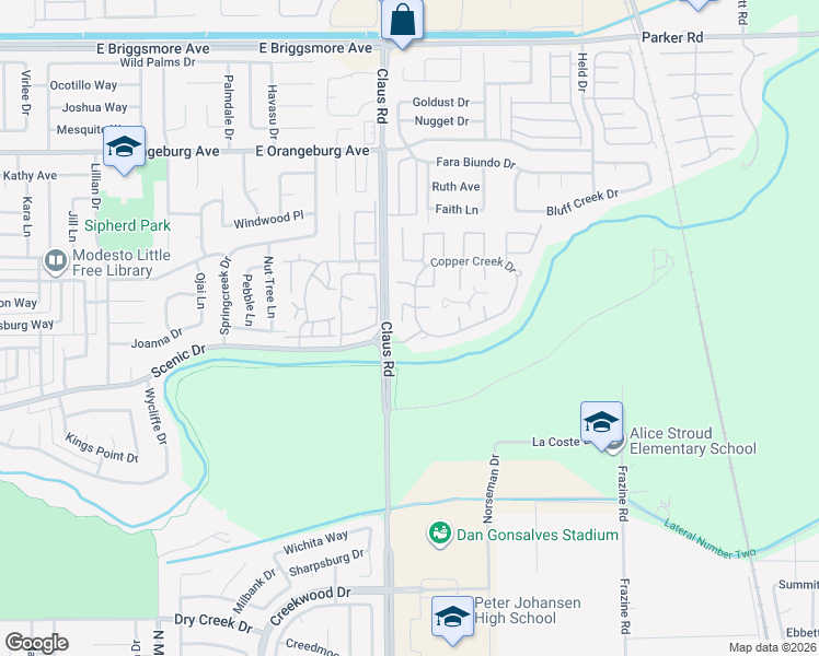 map of restaurants, bars, coffee shops, grocery stores, and more near 4000 Copper Creek Drive in Modesto