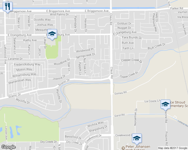 map of restaurants, bars, coffee shops, grocery stores, and more near 1102 Cedar Creek Drive in Modesto