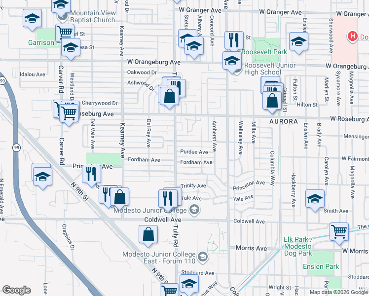map of restaurants, bars, coffee shops, grocery stores, and more near 1230 Purdue Avenue in Modesto