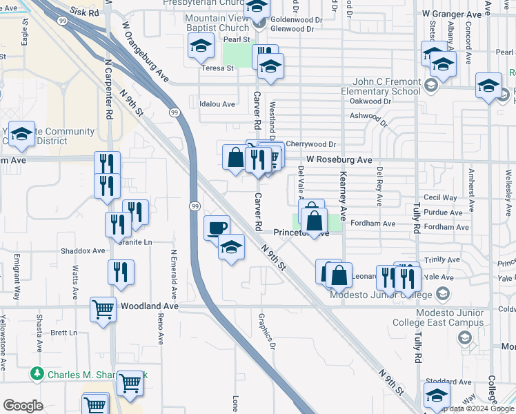 map of restaurants, bars, coffee shops, grocery stores, and more near 1006 Carver Road in Modesto