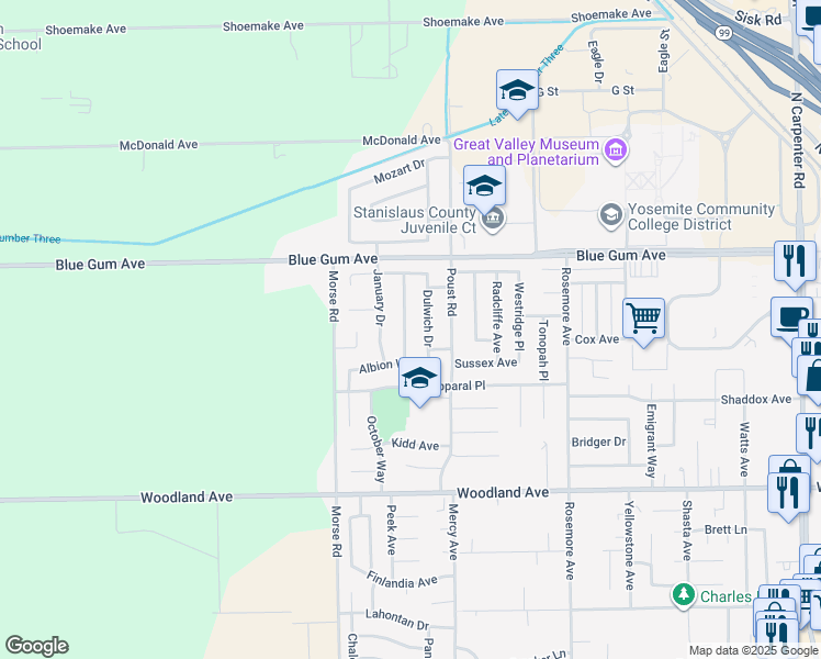 map of restaurants, bars, coffee shops, grocery stores, and more near 1509 Swarthmore Drive in Modesto