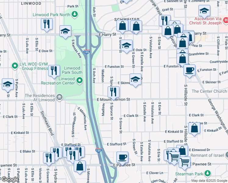 map of restaurants, bars, coffee shops, grocery stores, and more near 1947 South Spruce Street in Wichita