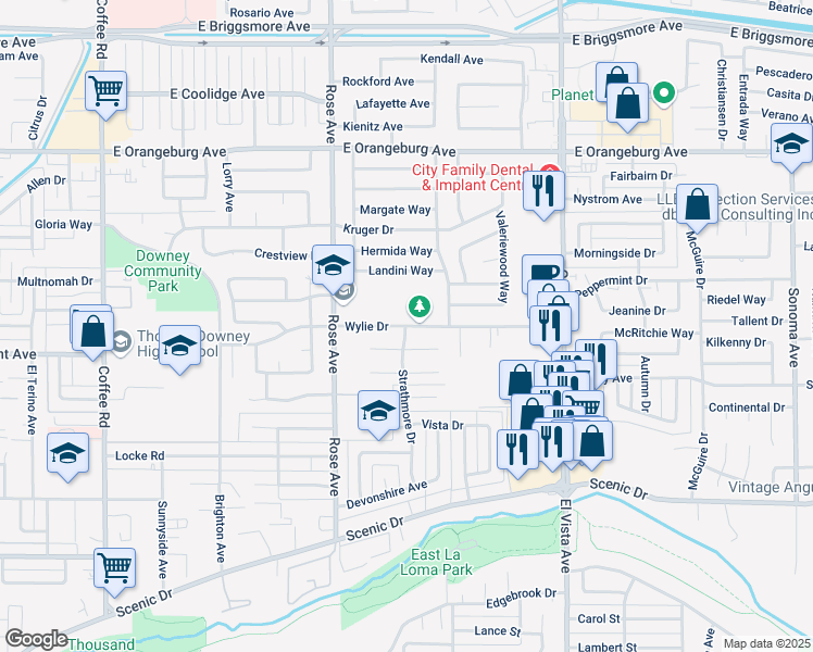 map of restaurants, bars, coffee shops, grocery stores, and more near Wylie Drive in Modesto