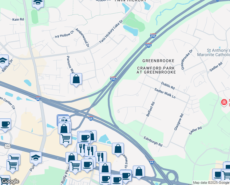 map of restaurants, bars, coffee shops, grocery stores, and more near 11605 Timberton Court in Glen Allen