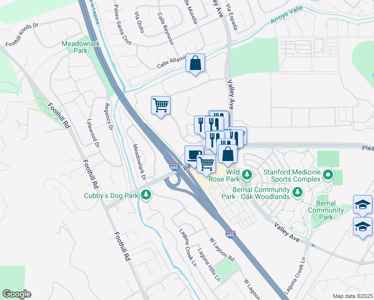 map of restaurants, bars, coffee shops, grocery stores, and more near 6700 Koll Center Parkway in Pleasanton