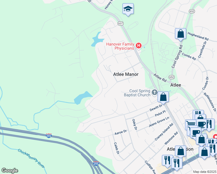 map of restaurants, bars, coffee shops, grocery stores, and more near 9353 Willies Way Trail in Mechanicsville