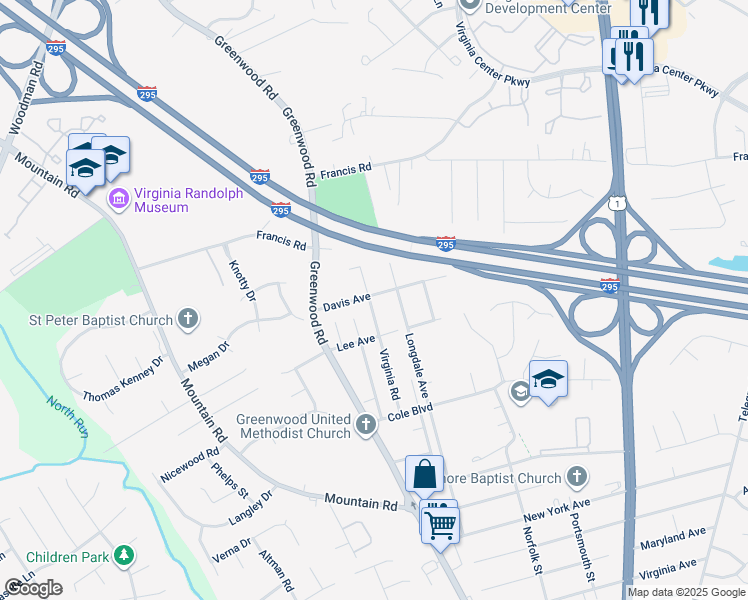 map of restaurants, bars, coffee shops, grocery stores, and more near 1511 Davis Avenue in Glen Allen