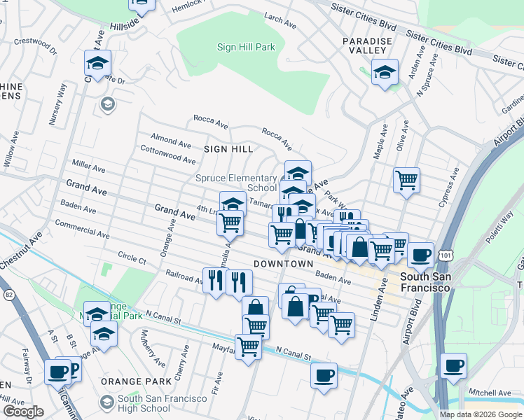 map of restaurants, bars, coffee shops, grocery stores, and more near 550 Miller Avenue in South San Francisco