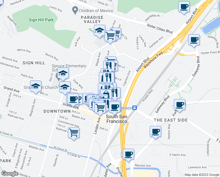 map of restaurants, bars, coffee shops, grocery stores, and more near 238 California Avenue in South San Francisco