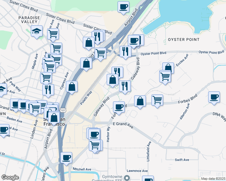 map of restaurants, bars, coffee shops, grocery stores, and more near 601 Gateway Boulevard in South San Francisco