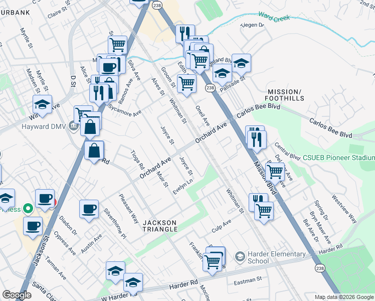 map of restaurants, bars, coffee shops, grocery stores, and more near 605 Orchard Avenue in Hayward