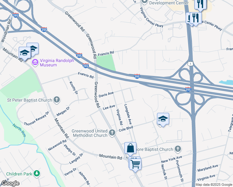 map of restaurants, bars, coffee shops, grocery stores, and more near 1511 Davis Avenue in Glen Allen