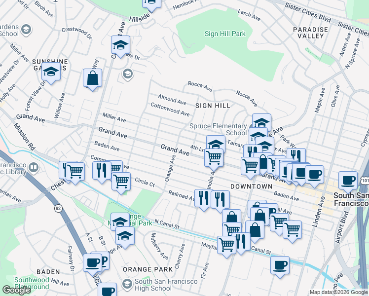map of restaurants, bars, coffee shops, grocery stores, and more near 664 Grand Avenue in South San Francisco