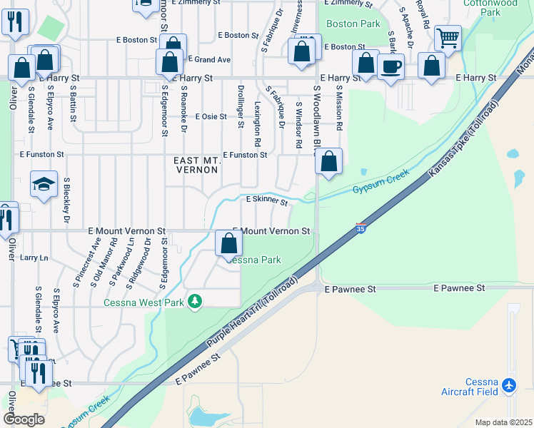 map of restaurants, bars, coffee shops, grocery stores, and more near 1942 Fabrique Street in Wichita