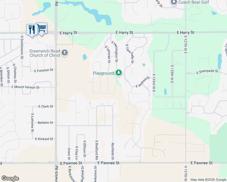 map of restaurants, bars, coffee shops, grocery stores, and more near 11850 E Clark St in Wichita