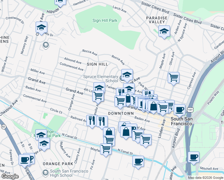 map of restaurants, bars, coffee shops, grocery stores, and more near 550 Miller Avenue in South San Francisco
