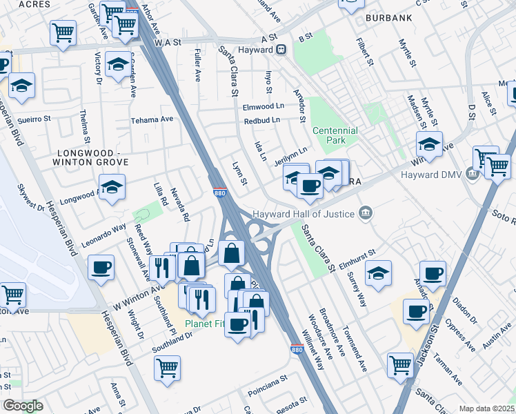 map of restaurants, bars, coffee shops, grocery stores, and more near 462 Craven Court in Hayward