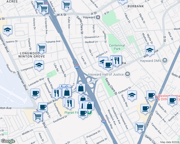 map of restaurants, bars, coffee shops, grocery stores, and more near 406 Craven Court in Hayward