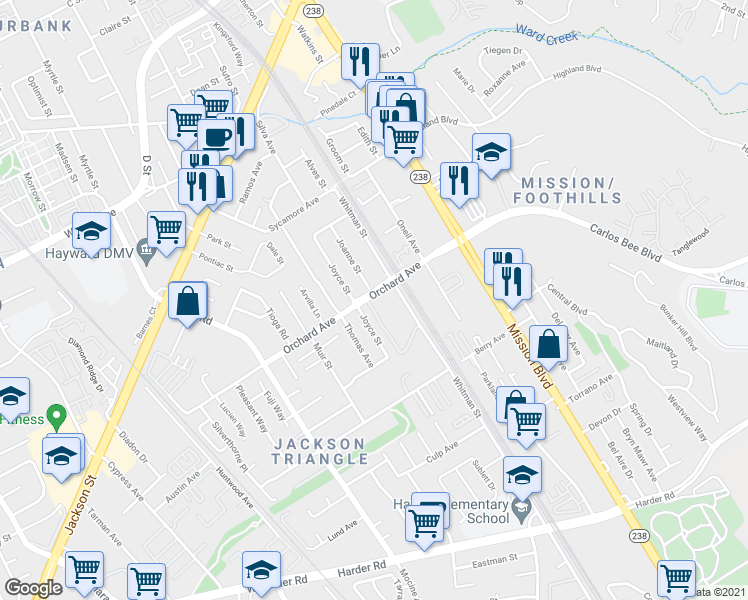 map of restaurants, bars, coffee shops, grocery stores, and more near 24944 Joyce Street in Hayward