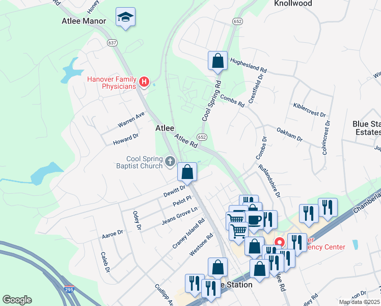 map of restaurants, bars, coffee shops, grocery stores, and more near 9252 Cool Spring Road in Mechanicsville