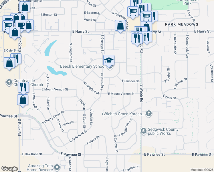 map of restaurants, bars, coffee shops, grocery stores, and more near 1965 South Cooper Street in Wichita