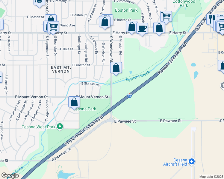 map of restaurants, bars, coffee shops, grocery stores, and more near 1940 South Woodlawn Boulevard in Wichita