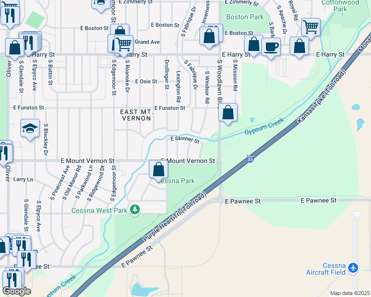 map of restaurants, bars, coffee shops, grocery stores, and more near 1942 Fabrique Street in Wichita