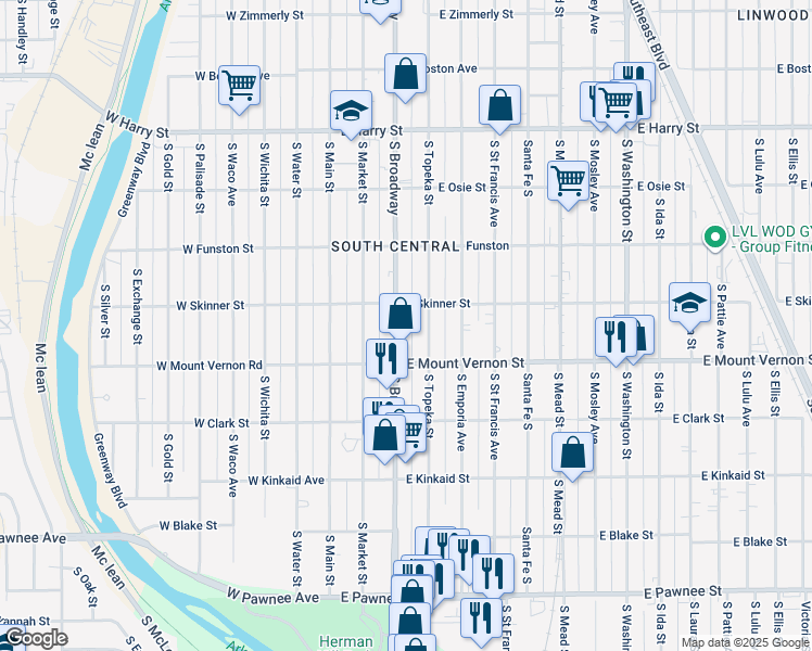map of restaurants, bars, coffee shops, grocery stores, and more near 1944 South Broadway Street in Wichita