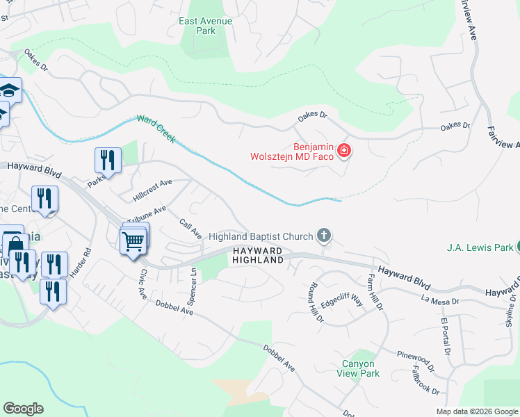 map of restaurants, bars, coffee shops, grocery stores, and more near 27110 Parkside Drive in Hayward