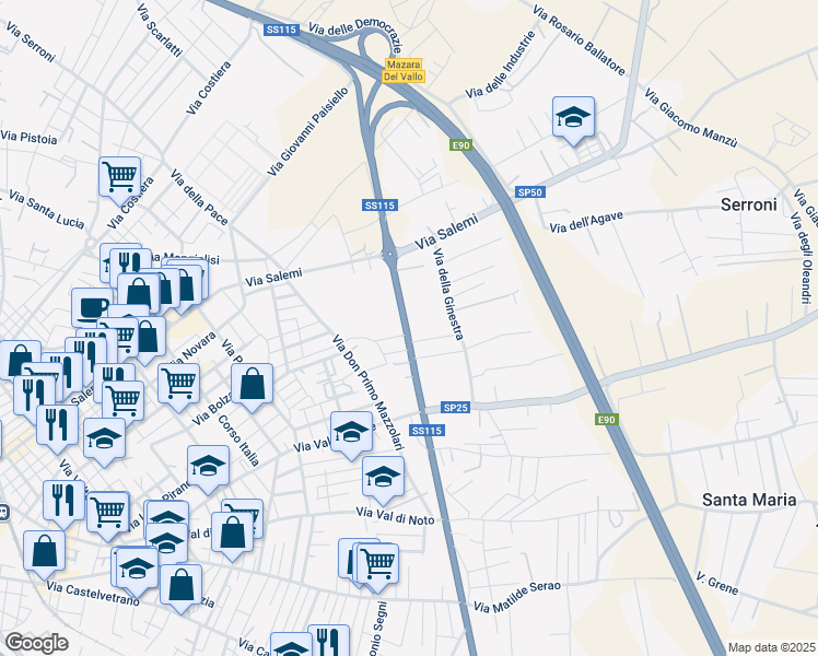 map of restaurants, bars, coffee shops, grocery stores, and more near 56 SS115 in Mazara del Vallo
