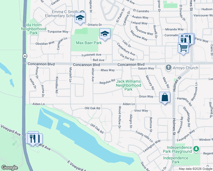 map of restaurants, bars, coffee shops, grocery stores, and more near 549 Regulus Road in Livermore