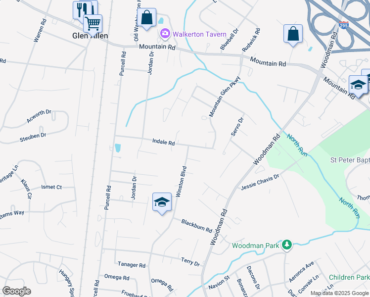 map of restaurants, bars, coffee shops, grocery stores, and more near 2601 Indale Road in Glen Allen