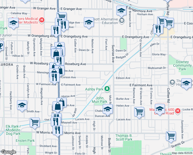 map of restaurants, bars, coffee shops, grocery stores, and more near 433 East Fairmont Avenue in Modesto