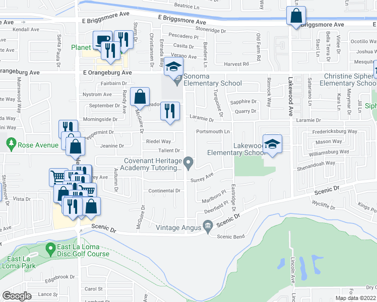 map of restaurants, bars, coffee shops, grocery stores, and more near 1108 Sonoma Avenue in Modesto