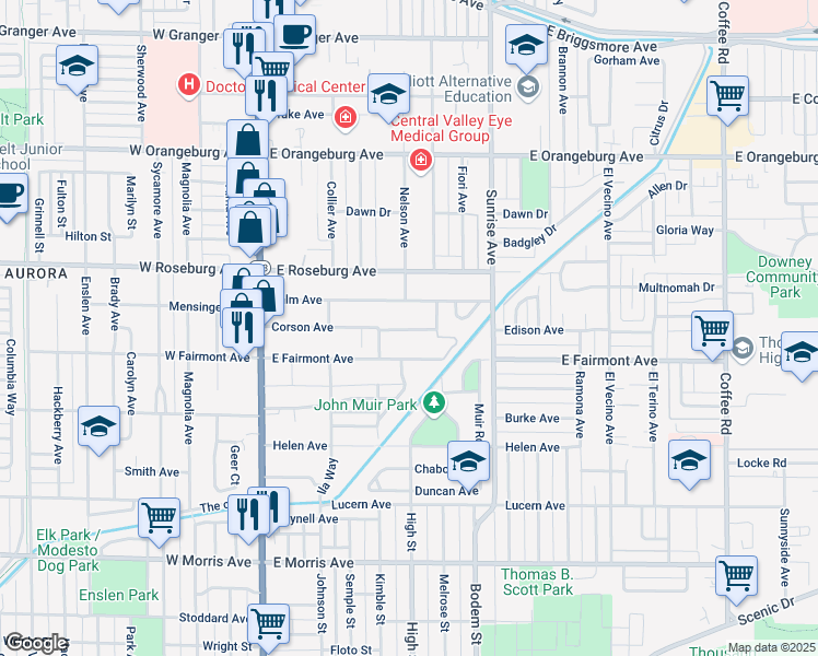 map of restaurants, bars, coffee shops, grocery stores, and more near 403 Corson Avenue in Modesto