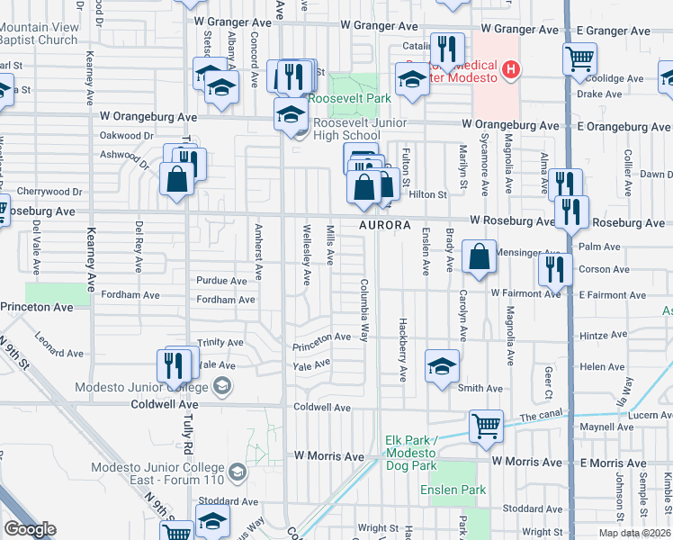 map of restaurants, bars, coffee shops, grocery stores, and more near 929 Carla Lane in Modesto