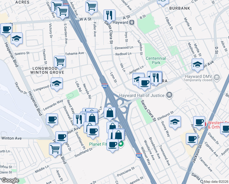 map of restaurants, bars, coffee shops, grocery stores, and more near 462 Craven Court in Hayward