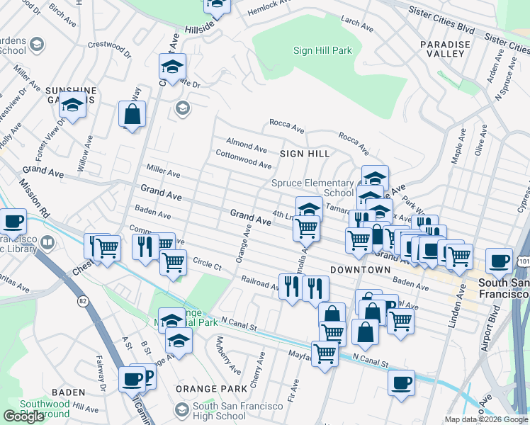 map of restaurants, bars, coffee shops, grocery stores, and more near 664 Grand Avenue in South San Francisco