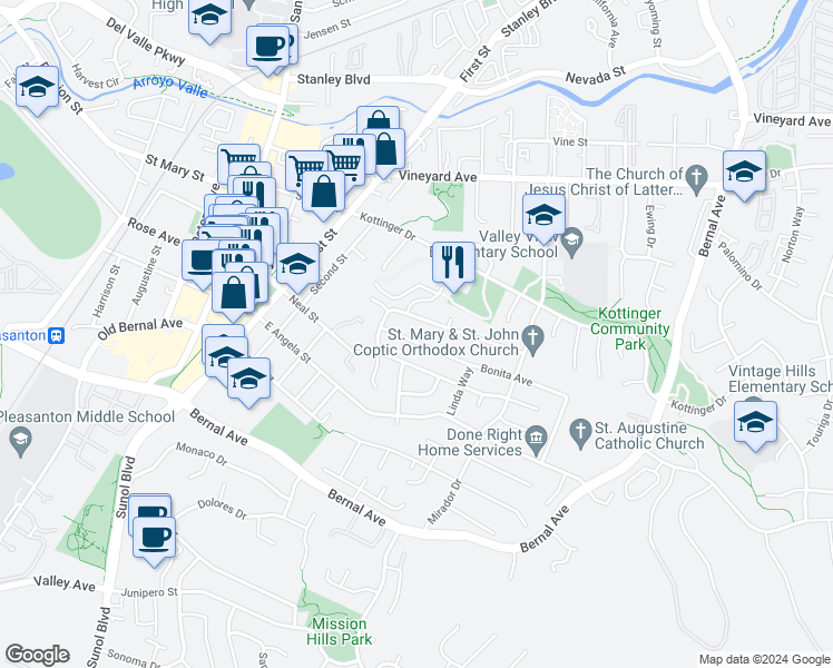 map of restaurants, bars, coffee shops, grocery stores, and more near 464 Bonita Avenue in Pleasanton