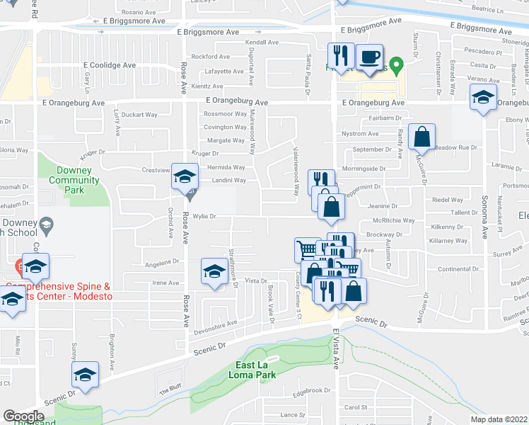 map of restaurants, bars, coffee shops, grocery stores, and more near 1100 Muirswood Way in Modesto