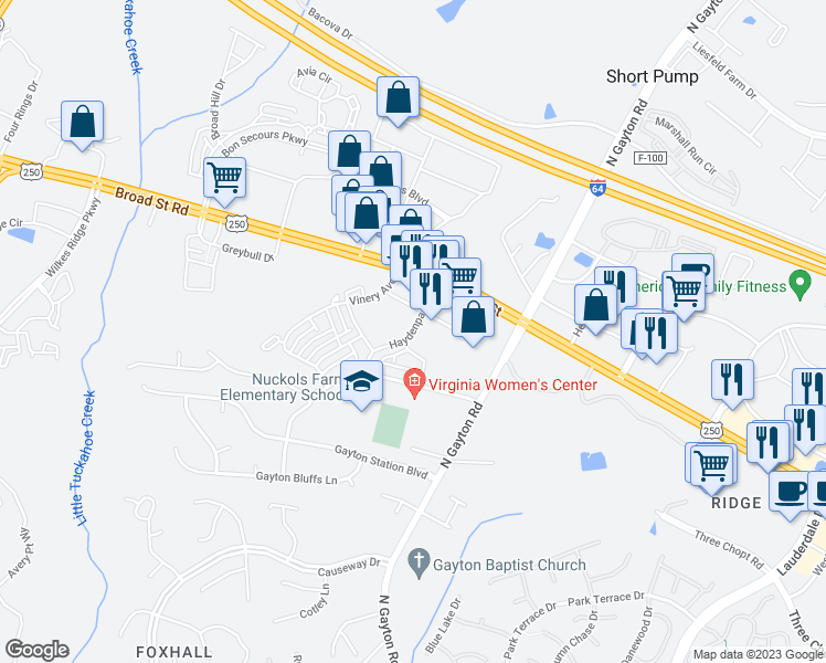 map of restaurants, bars, coffee shops, grocery stores, and more near Haydenpark Lane in Henrico