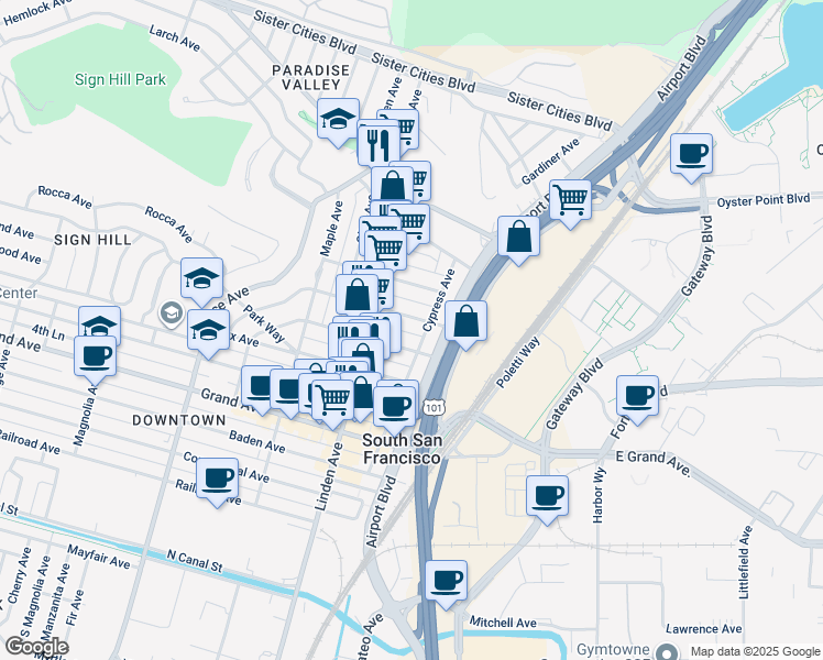 map of restaurants, bars, coffee shops, grocery stores, and more near 210 7th Lane in South San Francisco