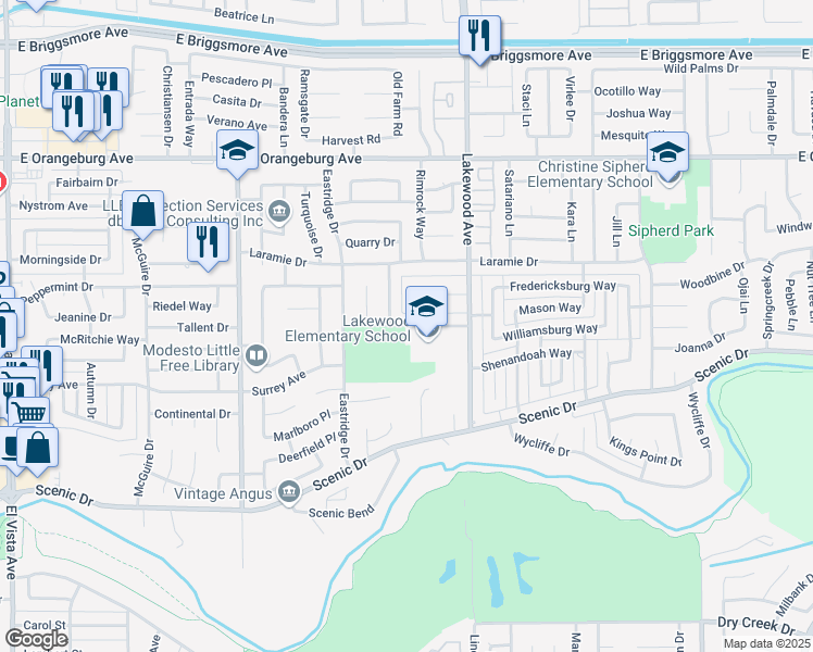 map of restaurants, bars, coffee shops, grocery stores, and more near 1108 Pyrite Way in Modesto